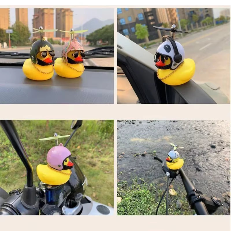 Decoración para bicicleta de coche, patito amarillo con casco de hélice, patito de goma, patito de bicicleta, motor de viento, adorno para ciclismo