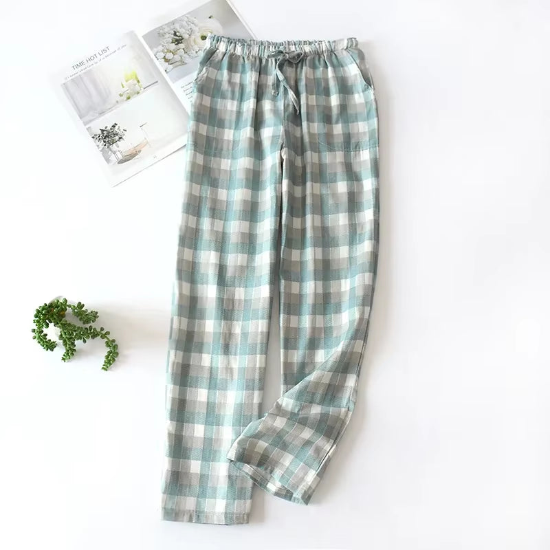 Men'S Cotton Gauze Trousers Plaid Knitted Sleep Pants Woman Pajamas Pants Bottoms Sleepwear Short for Couples Pijama Hombre
