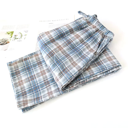 Men'S Cotton Gauze Trousers Plaid Knitted Sleep Pants Woman Pajamas Pants Bottoms Sleepwear Short for Couples Pijama Hombre