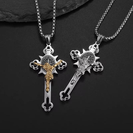 Italian Christian Saint St. Benedict Cross Stainless Steel Necklace Pendant Men and Women Religion Catholic Jesus Amulet Jewelry