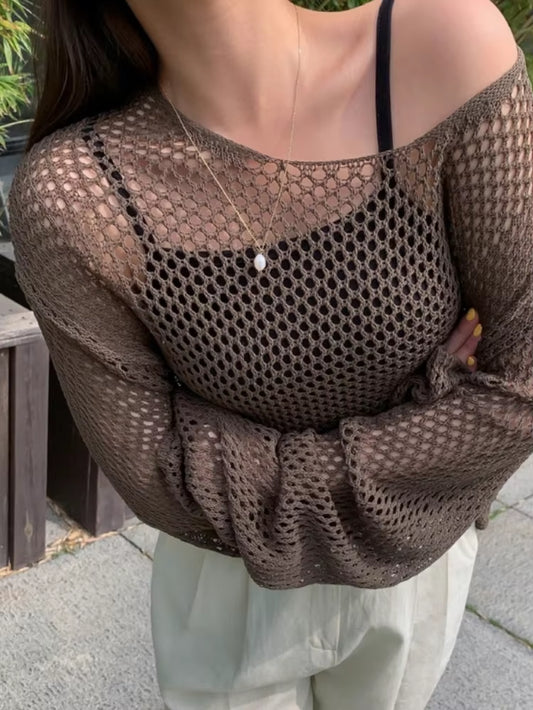 2025 Mesh Vintage Harajuku Long Sleeve Women Sweater Korean Spring Summer Knitwear Soft Thin Tops Chic Solid Femme Sweater